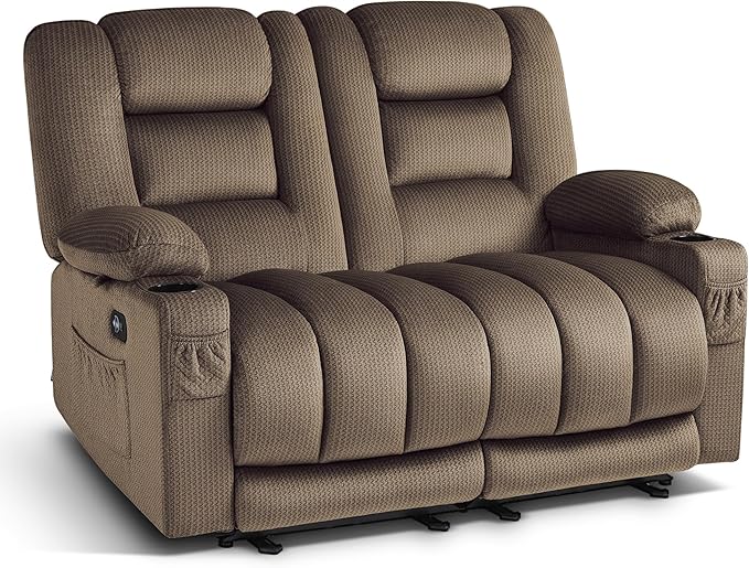 MCombo 55.9 Zero Gravity Power Loveseat Recliner with Heat and Vibration Massage Reclining Loveseat Sofa with USB Ports Cup Holders for Living Room Fabric PR648SET (Dark Brown)