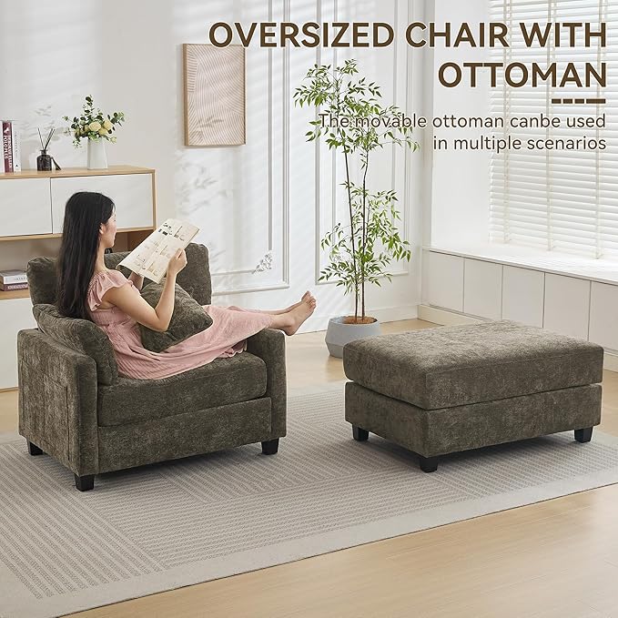 57.5 Oversized Chaise Lounge with Ottoman Indoor Brown Reading Chair with Ottoman &amp Sofa Bed Chenille Upholstered Comfy Sleeper Chair for Living Room Bedroom Office