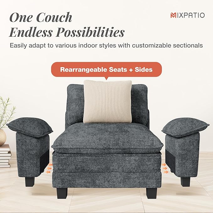 53.5 Cloud Modular Sectional Single Sofa Deep Seat Armchair with Plush Chenille &amp Removable Arms for Living Room Cyan
