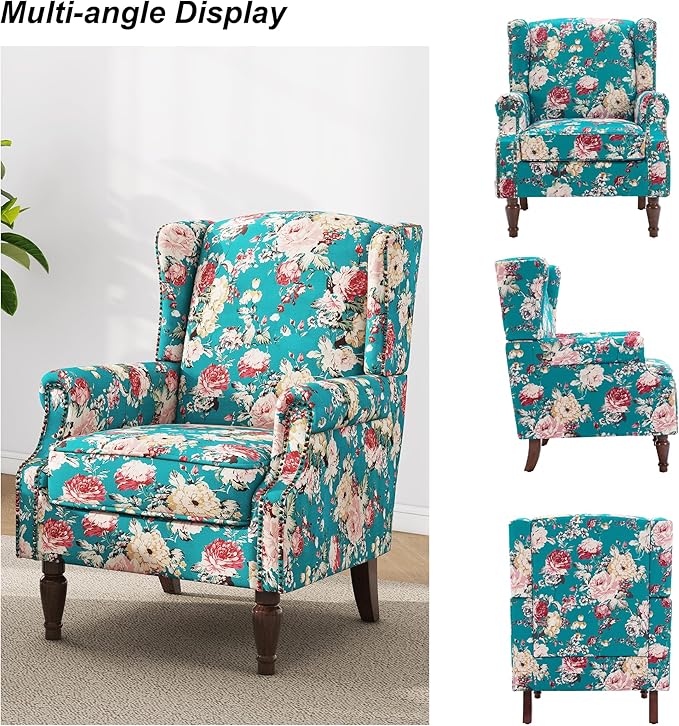 Floral High Back Accent Chair Upholstered Armchair with Solid Wood Legs Comfy Wingback Reading Single Sofa Chair for Small Spaces Living Room Bedroom(Floral Peacock Blue Set of 2)