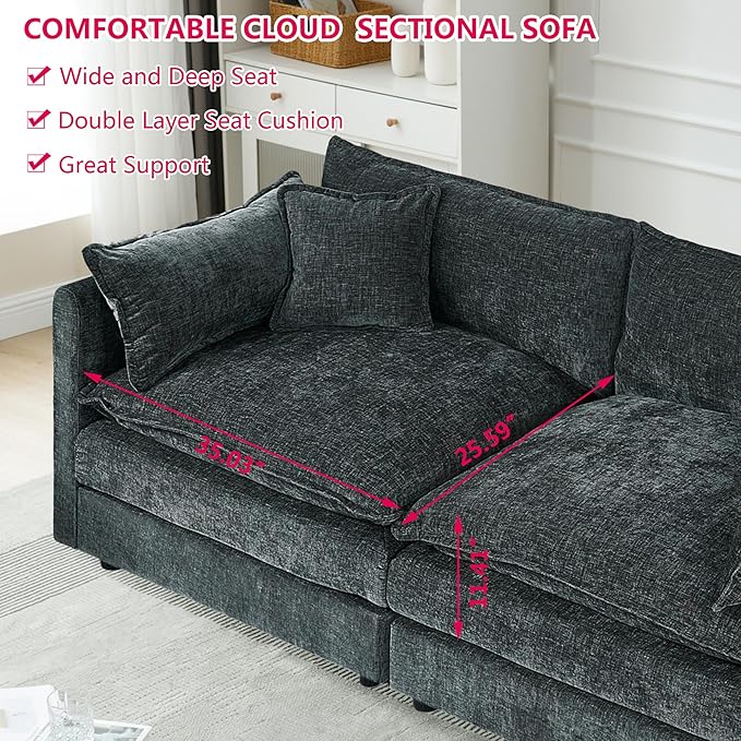 Aoowow Modular Sectional Sofa147.2 Inch Deep 4-Seater Sofas Comfy Chenille Cloud Sofas and Couches with Pillows for Living Room Apartment（Grey）
