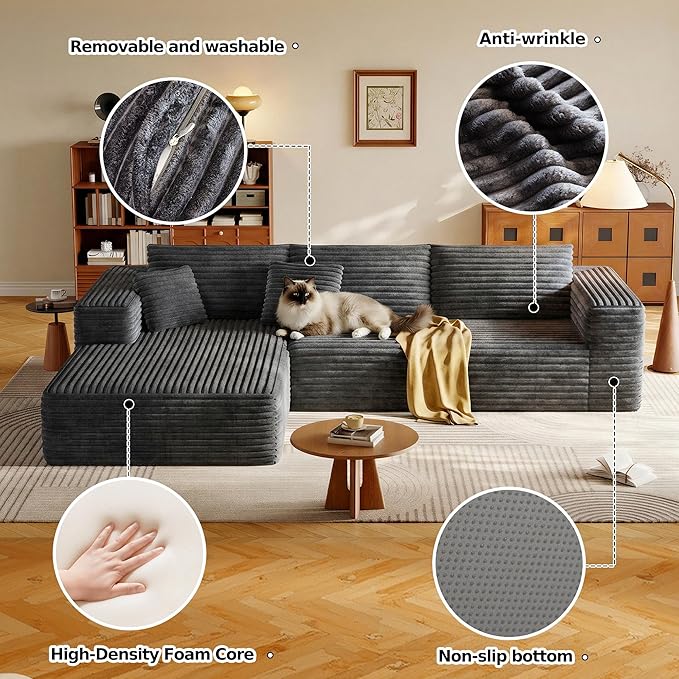 108.2 Modular Sectional Sofa with Deep Seat Boneless L Shaped Corduroy Couch Modern Comfort Cloud Couch Oversized for Living Room No Assembly (Left Facing Chaise Gray)