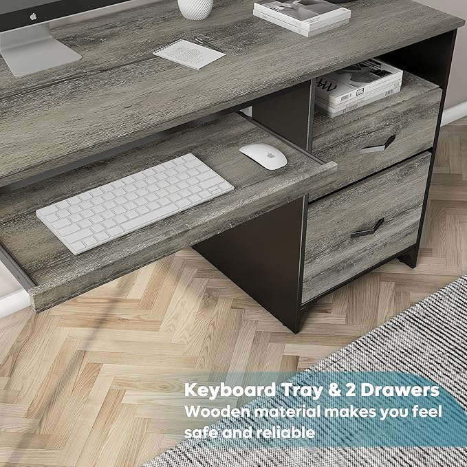 Bestier Office Desk with Drawers 55 inch Industrial Computer Desk with Storage Wood Teacher Desk with Keyboard Tray &amp File Drawer for Home Office Dark Gray Oak
