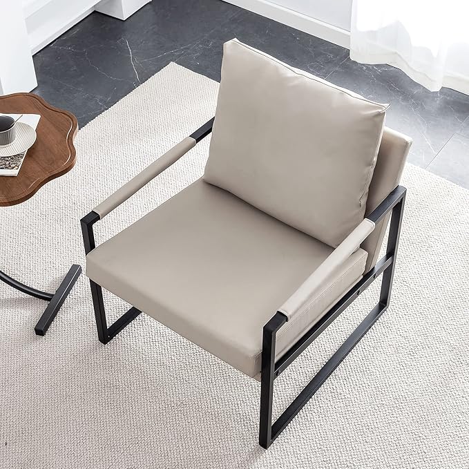 PU Leather Accent Arm Chair Mid Century Modern Upholstered Armchair with Metal Frame Extra-Thick Padded Backrest and Seat Cushion Sofa Chairs for Living Room (Light Brown PU Leather + Metal + Foam)