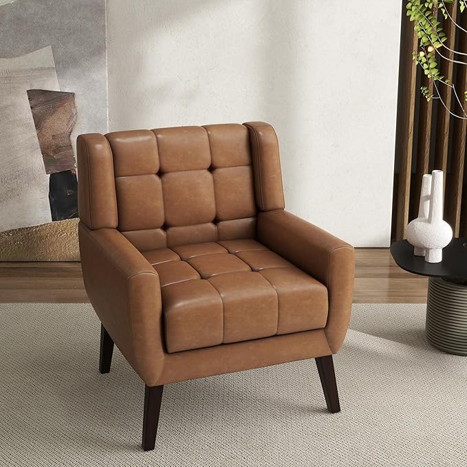 Accent Chair Comfy Mid Century Modern Small Armchairs with Solid Wood Frame and Soft Cushion for Living Room Bedroom (Faux Leather Brown Set of 1)