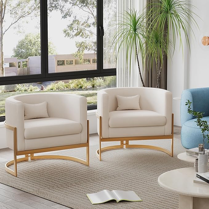 Alunaune Upholstered Velvet Accent Chair Barrel Chairs Modern Living Room Armchair Mid Century Lounge Chairs Sofa Tub Bucket Club Chair for Bedroom-Ivory