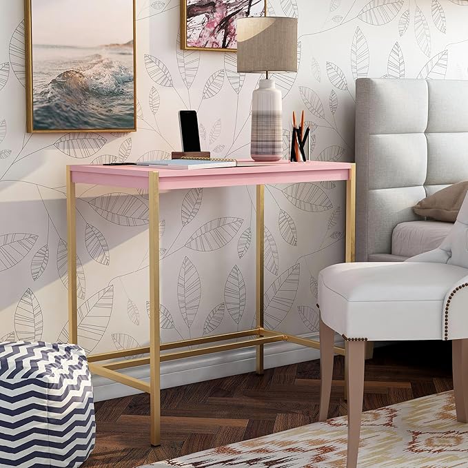 24/7 Shop at Home Fultonville Modern Metal Writing Desk with USB Port Power Outlet for Workstation Home Office Study Room Pink and Gold
