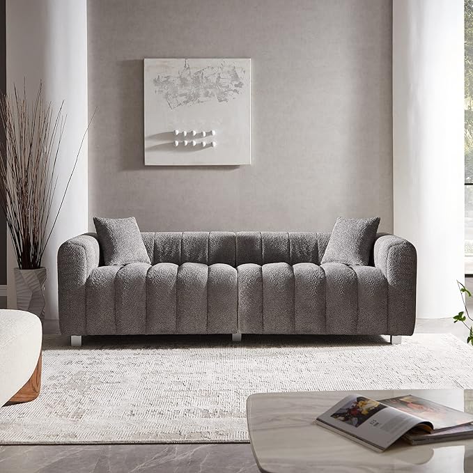 SZLIZCCC 87 Modern Upholstered Sofa Piano-Key Tufted Teddy Velvet Couch 3-Seater Comfortable Living Room &amp Office Sofa (Grey)