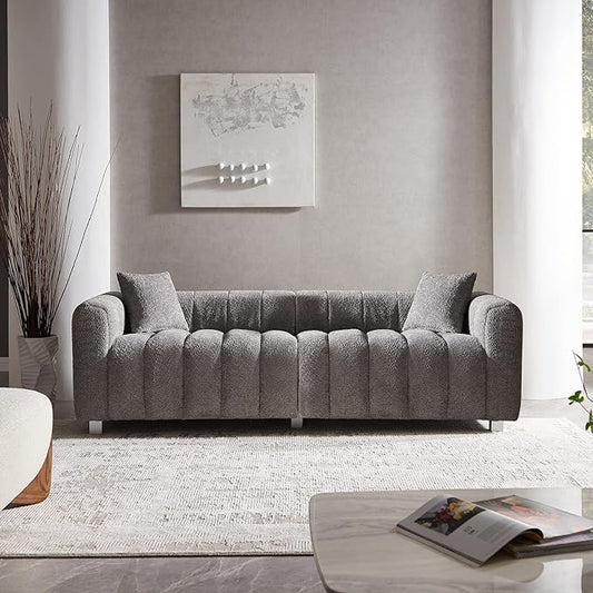 SZLIZCCC 87 Modern Upholstered Sofa Piano-Key Tufted Teddy Velvet Couch 3-Seater Comfortable Living Room &amp Office Sofa (Grey)