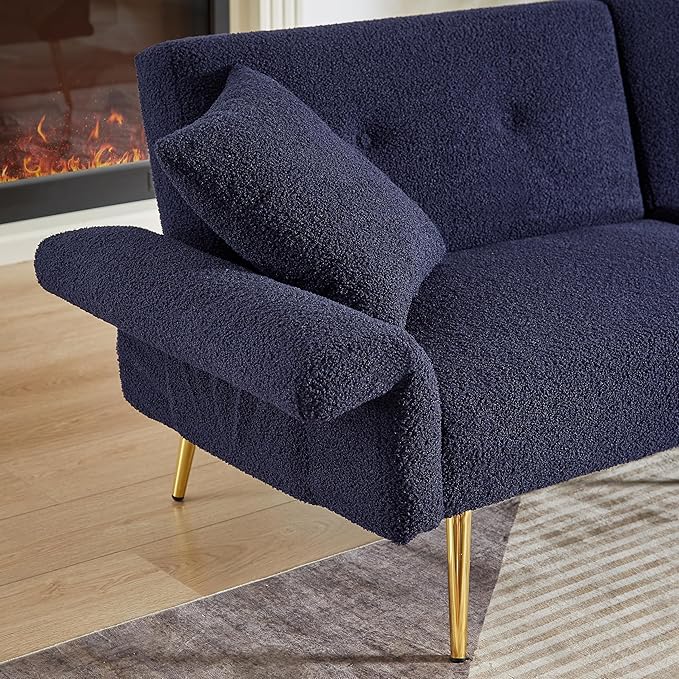 Dark Blue Futon Sofa Bed Loveseat with Adjustable Backrest and Armrests Teddy Couch with Pillows and Side Pocket for Small Spaces Living Room Apartment Or Office (Dark Blue)