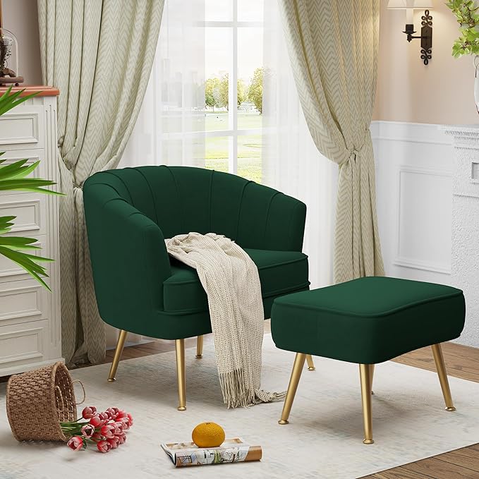 Velvet Accent Chairs with Ottoman for Living Room Bedroom Office Leisure Upholstered Single Sofa Chair Arm Chair Comfy Chair Reading Club Coffee Chair with Metal Legs Green