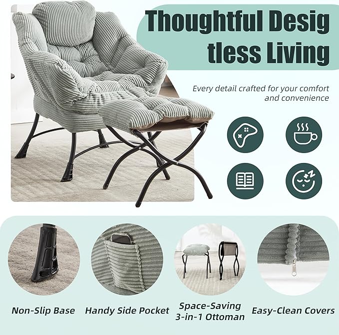 QQU Lazy Lounge Chair with Ottoman Plush Reading Armchair with Footrest &amp Side Pocket Indoor Accent Chair and Ottoman Set for Living Rooms Bedrooms Small Spaces Dorms Apartments Light Green