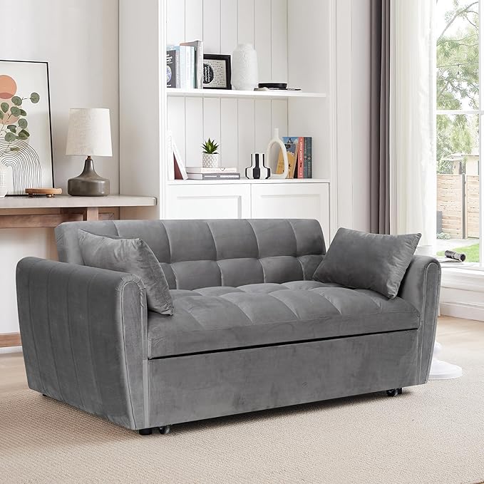 Ball &amp Cast 65 3 in 1 Large Sleeper Sofa BedVelvet Upholstered Pull Out Couch with Adjustable Back&amp2 PillowsConvertible Futon Sofa-Bed W/Side PocketLoveseat Chaise Lounge for Living RoomD