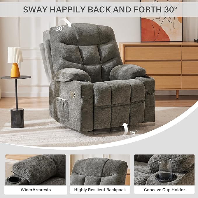 Manual 360°Swivel Rocker Recliner Chair Set of 2Single Recliner Seat with Cup HoldersRecliner Chairs for Adults Upholstered Fabric Lazy Boy Recliner for BedroomLiving RoomGrey