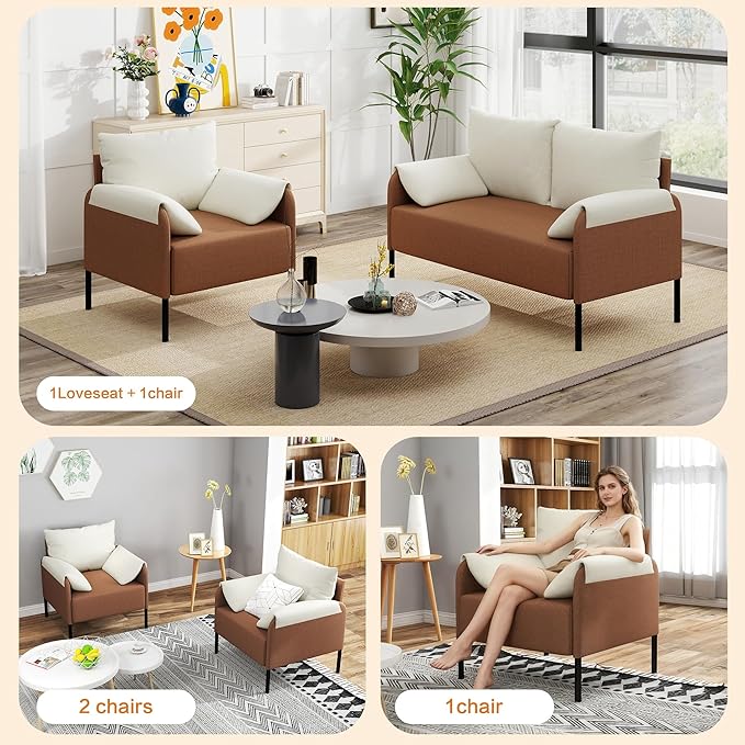 LSSBOUGHT Modern Loveseat and Chair Set Chenille Fabric Armchairs Accent Chair. Living Room Chair for Bedroom ApartmentSmall Space(Orange 1 Loveseat+1 Chair)