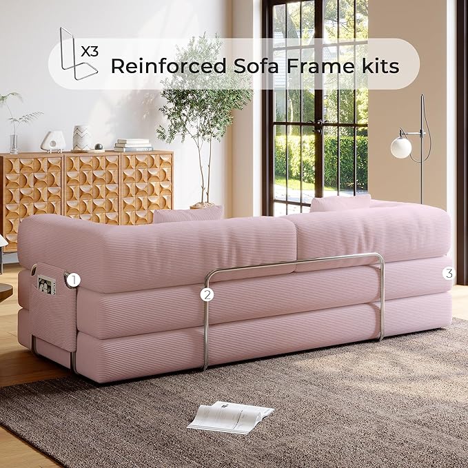 5-in-1 Folding Convertible Sofa Bed Loveseat Sleeper with Pull-Out Bed Floor Sofa Modular Futon Couch 79 Oversized Corduroy Upholstered Boneless Couch for Living Room Bedroom Lounge Pink-A