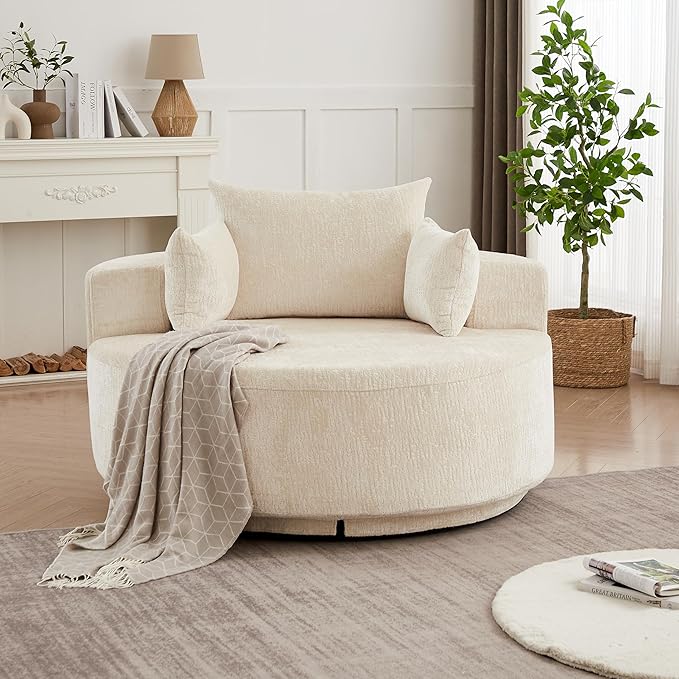 55''L Round Swivel Accent Chair Oversized Chenille Modern Swivel Barrel Chairs Upholstered Cozy Reading Chair for Living Room Bedroom Home Office (Chenille Beige)