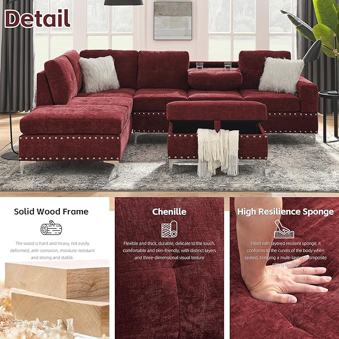Living Room Furniture Sets L-Shape Sectional 5-Seater Sofa with Extra Wide Reversible Chaise Storage Ottoman and Cup Holders and Copper Nails 2 Pillows Claret