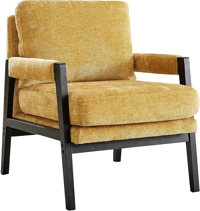 Kelly Mid-Century Modern Chenille Accent Armchair - Yellow | Stylish and Comfortable Reading Chair for Living Room Bedroom | Removable Back Cushion