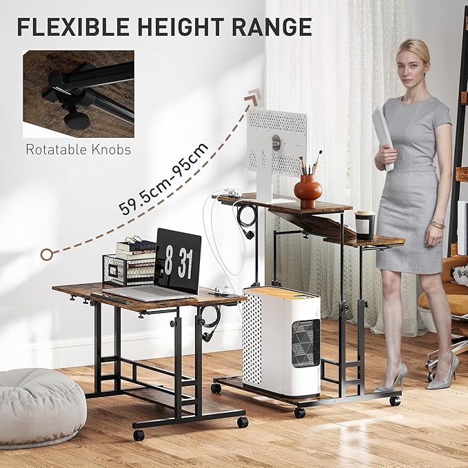 HOMCOM Height Adjustable Standing Desk with Power Outlets Stand Up Desk with Tiltable Tabletop Lockable Wheels Bottom Shelf Rolling Workstation for Home Office Brown