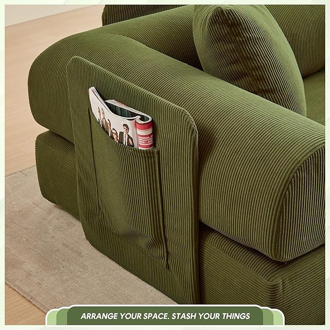 L Shaped Convertible Modular Sofa Bed with Cylindrical Pillow &amp Reversible Chaise Corduroy Folding Floor Sofa Couch Bed with Fixed-Shape Frame &amp Storage Pocket for Living Room Green