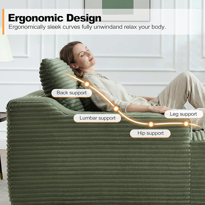 Boneless CouchComfy Fluffy Sofa BedUpholstered Sleeper Sofa Couch with Throw Pillows and ArmrestsCorduroy Plush Cloud Couches with Cup Holder Green