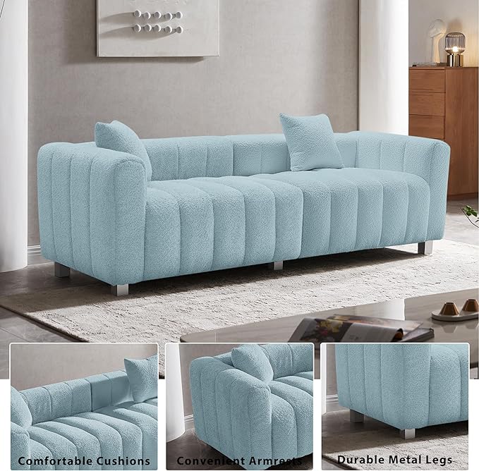 87.4 Oversized Boucle Sofa CouchModern Teddy Deep Seat SofaUpholstered Tufted Couchwith 2 Accent Pillow3 Seater Sofa for Living Room ApartmentOffices. (Blue)