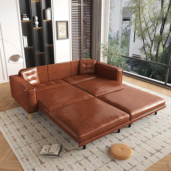 92.1'' King Pull Out Sofa Bed Convertible Futon Couch 3-in-1 Faux Leather Sleeper Sofa with Tufted Back 2 Pillows Gold Legs Deep Folding Loveseat for Living Room Apartment Light Brown