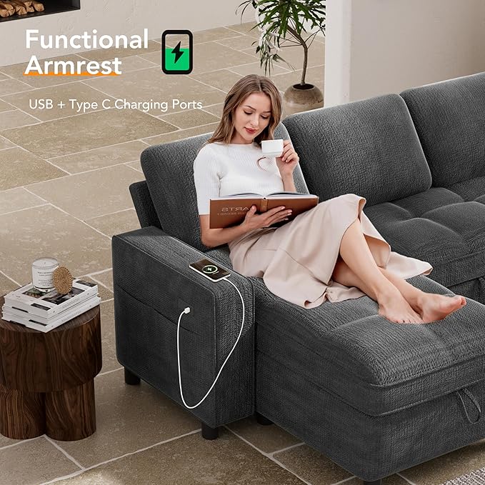 Vipbear 81 Sectional Sleeper Sofa with Pull Out Bed L Shaped Sleeper Sofa Pull Out Couch with Reclining Backrest Reversible Storage Chaise USB Ports Tool-Free Assembly Chenille Dark Grey
