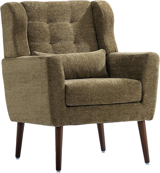 KEIKI Modern Accent Chair Chenille Armchair with Pillow Upholstered Arm Chairs with Solid Wood Legs Soft Padded Lounge Chair Mid Century Reading Chair for Living Room Bedroom Olive Green