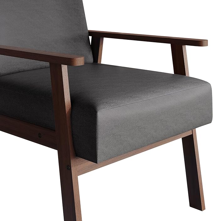 Mid-Century Modern Accent Chair Polyurethane Upholstery Wooden Armrests Cushioned Seat Easy Assembly Grey