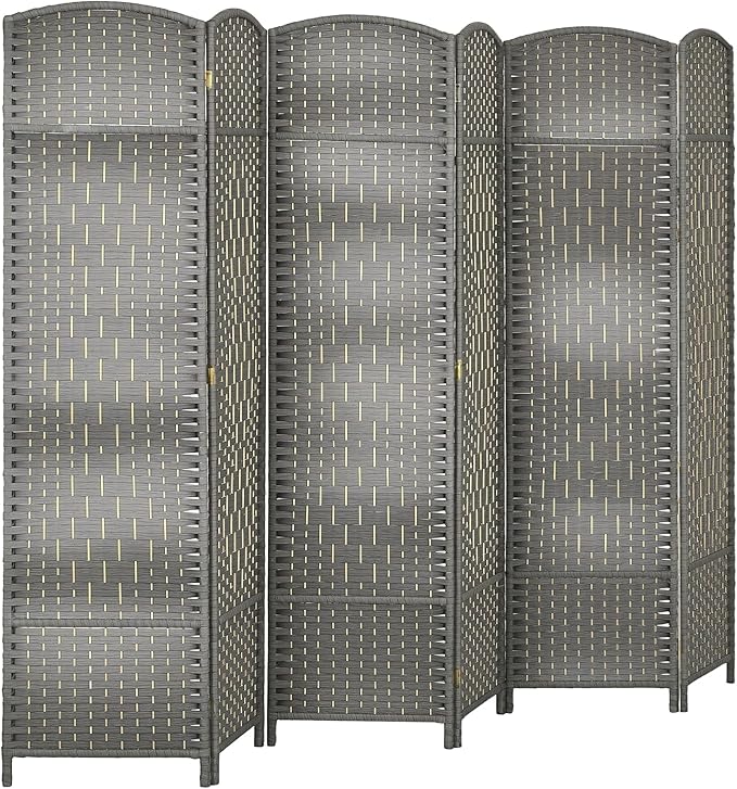 HOMCOM Room Divider 6 Ft 6 Panel Folding Privacy Screen Hand-Woven PP Wall Partition with Pine Wood Frame Freestanding Room Separator for Bedroom Home Office No Assembly Mixed Gray