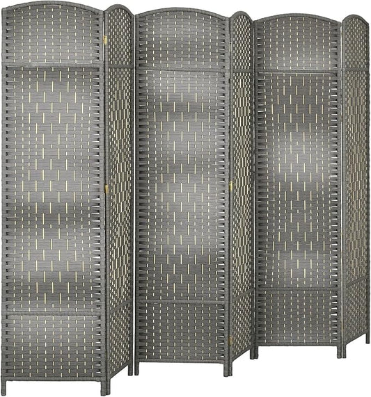 HOMCOM Room Divider 6 Ft 6 Panel Folding Privacy Screen Hand-Woven PP Wall Partition with Pine Wood Frame Freestanding Room Separator for Bedroom Home Office No Assembly Mixed Gray