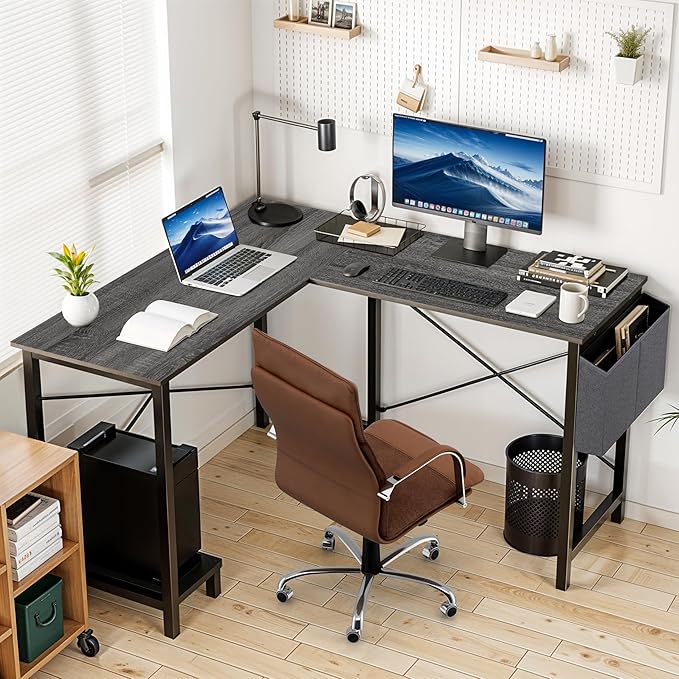 L Shaped Desk Gaming Computer 50 Inch Corner Desks Work Table for Writing Study Student with Wood Tabletop Metal Frame CPU Stand Side Bag for Home Office Small Place Grey