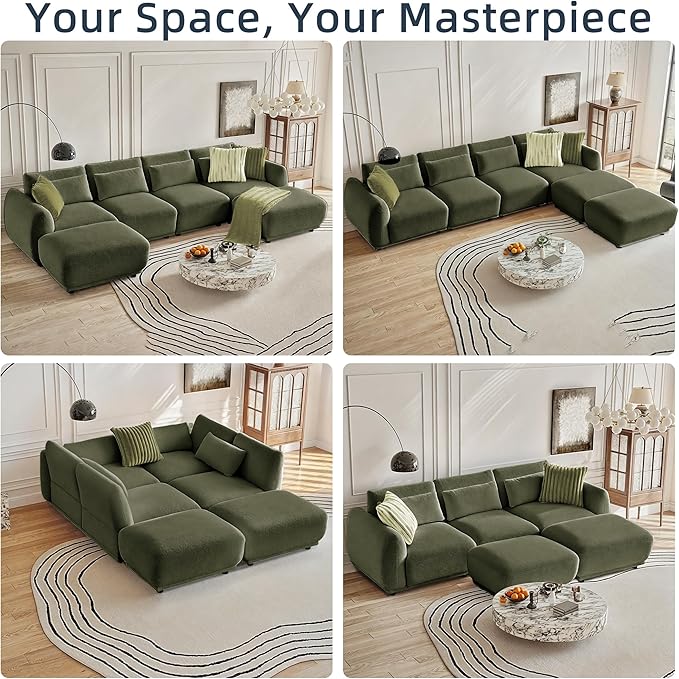 Sectional Sofa Couch Modern U Shaped Sectional Couch with Ottoman Modular Sectional Sofa Cloud Couches for Living Room (Green 3 Set + 1 Ottoman)