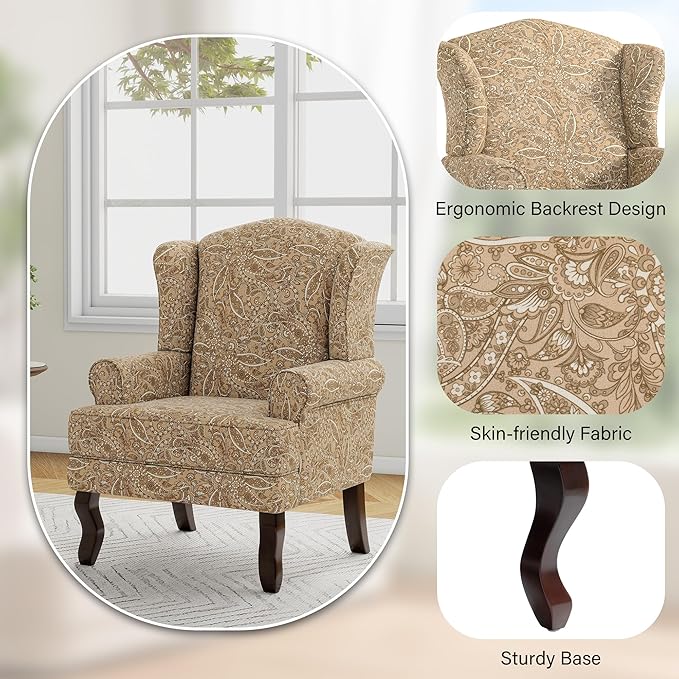 Lumibee High Back Accent Chair Comfy Armchair with Solid Wood Legs for Living Room Upholstered Accent Chair for Small Space Single Sofa Reading Chairs for Office-Paisley Brown