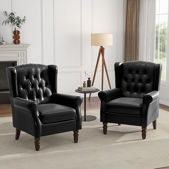 UIXE Faux Leather Accent Chairs Set of 2 High Back Upholstered Armchair for Living Room Wingback Chair Comfy Single Sofa Bedroom Reading Seat with Solid Wood Legs - Black