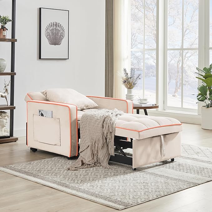 3-in-1 Velvet Chair-bed Adjustable Backrest Pull-out Chaise Lounger Tufted Cushioning Side Organizer Pocket Space-saving Convertible Seating for Living Room Apartment Guestroom Office (White)