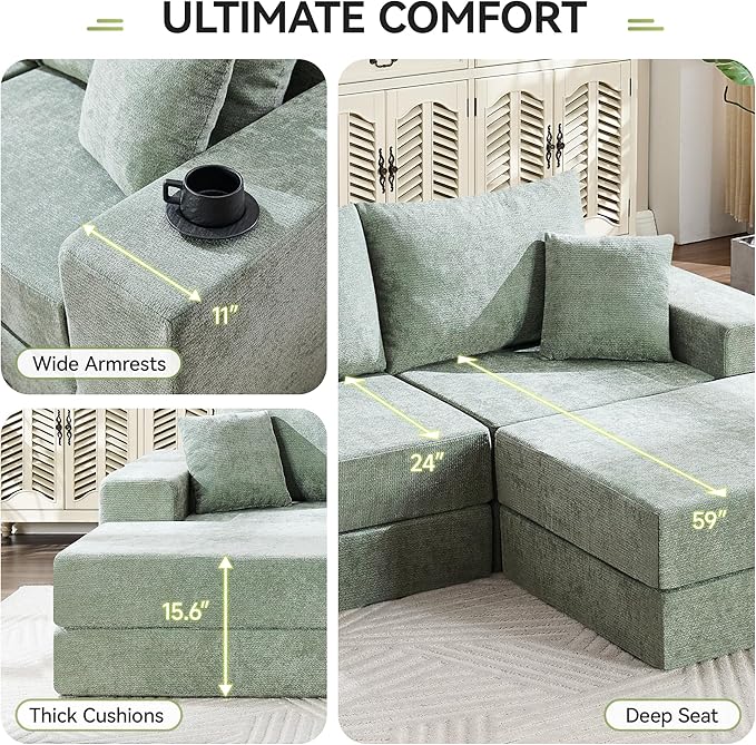 79 Boneless Loveseat Sofa Couch Modular Foldable Floor Cloud Sofa with Ottoman Lounge Convertible Sofa Bed for Living Room No Assembly Chenille Green