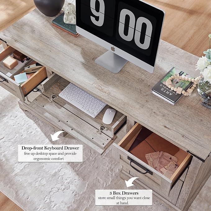 RedLemon 60 Farmhouse Executive Desk Home Office Desk with Drawers Charging Station Keyboard Tray File Drawer Storage Cabinet Wood Rustic Computer Writing Desk (Light Rustic Oak)