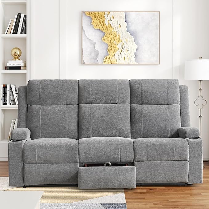 75'' Manual Reclining Sofa with Storage Drawer 3 Seat Wall Hugger Recliner Couch with Cup Holders Side Pockets Chenille Fabric Compact 3-Person Recliner for RV Living Room Apartment (Grey)