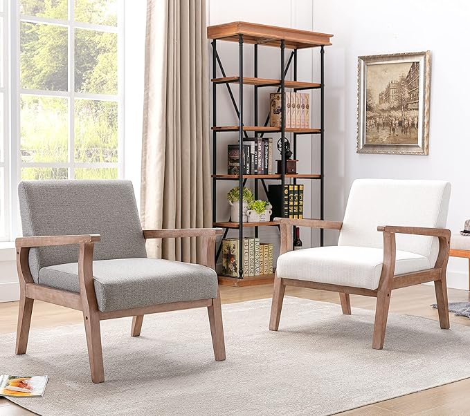 Wahson Comfy Living Room Chairs Linen Upholstered Accent Chairs Farmhouse Armchairs with Natural Wood Frame Oversized Decorative Chair for Bedroom Grey