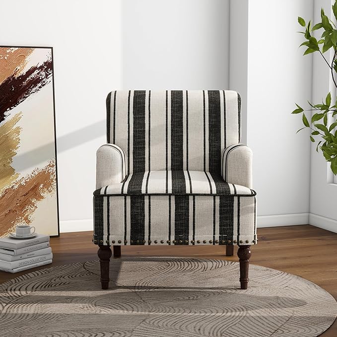 Accent Chair Mid Century Modern Comfy Armchair for Living Room Linen Fabric Single Sofa Lounge for Reading Bedroom Apartment Waiting Room with Wood Legs (Black Stripe Set of 1)