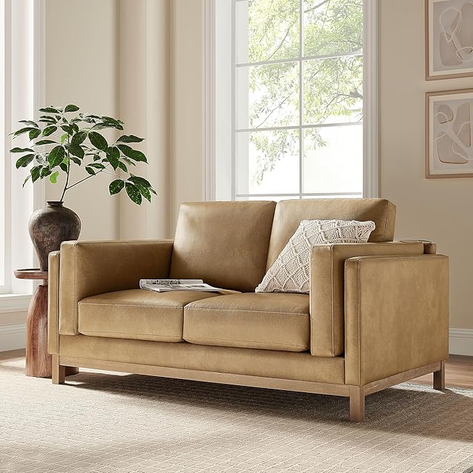Modway Roscoe 63 Inch Vegan Leather Loveseat in Toast - Comfortable Faux Leather 2 Seater Couch for Living Room Apartment or Office Seating