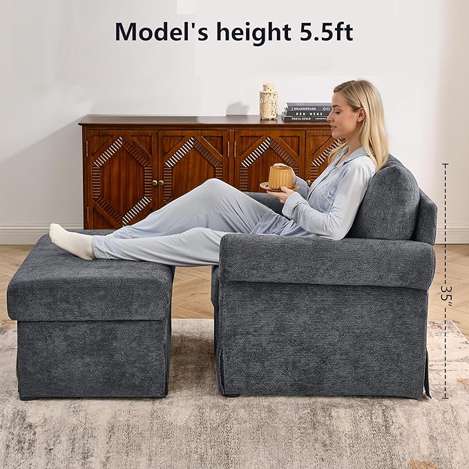 Living Room Chairs with Ottoman Small Accent Chair for Bedroom Single Sofa Couch with Chenille Fabric for Apartment and Small Places (Dark Grey)