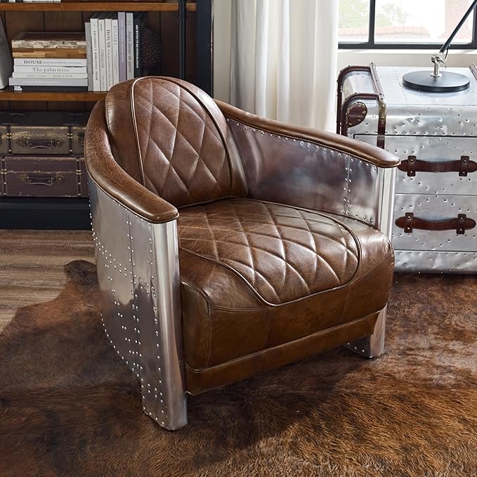 Volans Mid Century Modern Genuine Leather Accent Arm Chair with Vintage Aluminum Patchwork Cognac