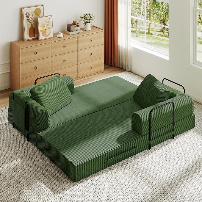 KEIKI 79 Corduroy Sleeper Sofa Bed with Fixed Frame Convertible Folding Couch with Cylindrical Pillow Space-Saving 3-Seat Furniture for Studio Apartment Living Room Modern Green