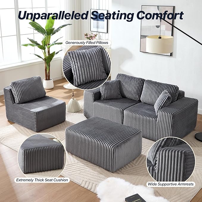 101.5'' Modular Sectional Sofa Cloud Sectional Couch with Deep Seat Comfy Fluffy L Shaped Couches Memory Foam Sofa with 1 Ottoman Corduroy Boneless Couch No Assembly Required Dark Gray