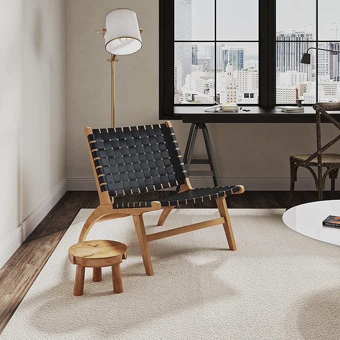 Manhattan Comfort Maintenon Modern Faux Leather Accent Chair with Solid Ashwood Legs Modern Woven Design Fully Assembled Perfect for Living Room Set of 1 Nature