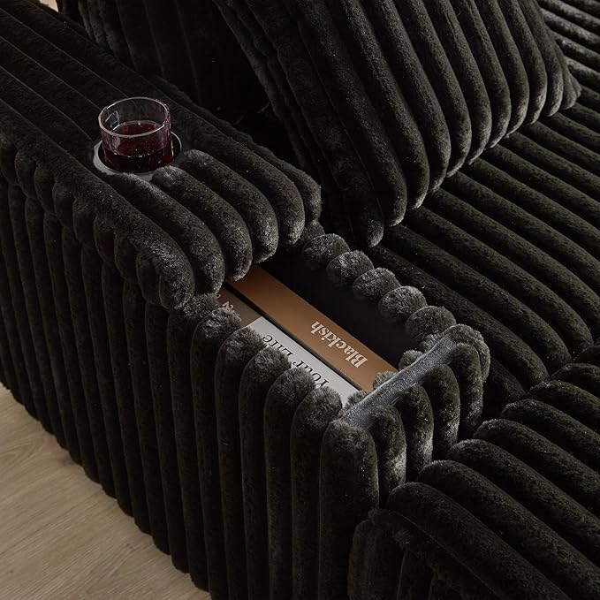 84 Oversized Double Chaise Lounge Indoor Modern Comfy Corduroy Sectional Couch with Ottoman Loveseat Sleeper Sofa Bed with Cup Holder Home Sofa Living Room Apartment (Black)
